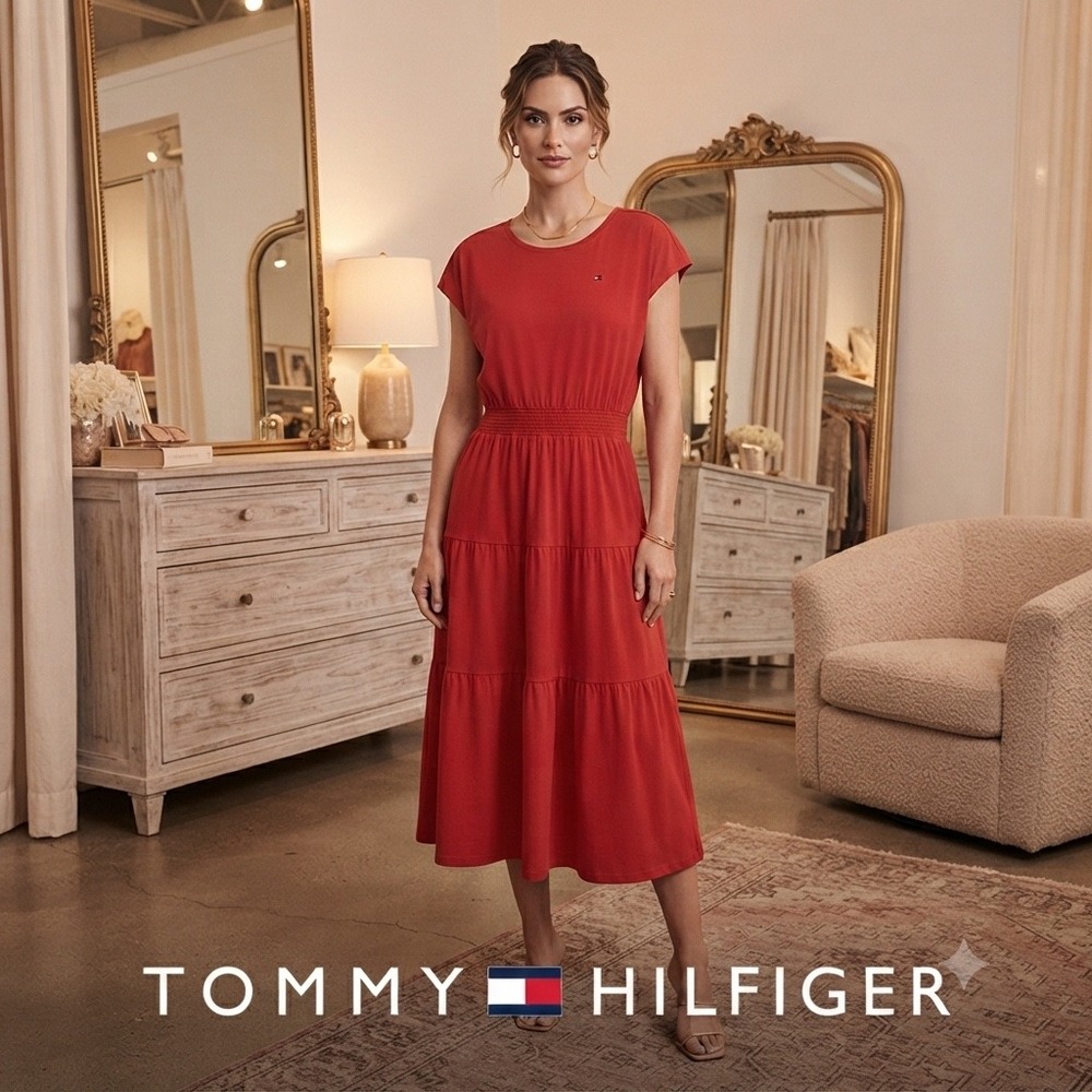Tommy Hilfiger Large Nautical Midi Preppy Americana Coastal Elastic Tiered Dress